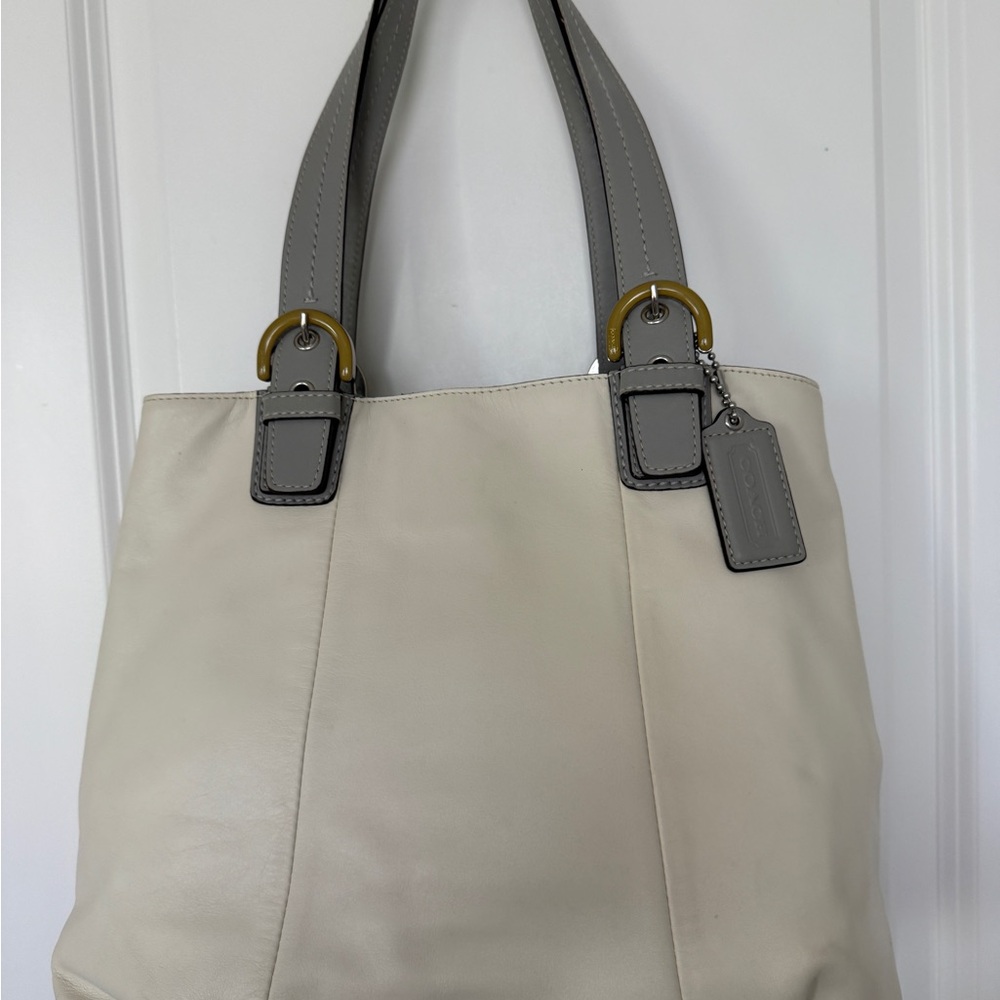 Coach Cream Leather Tote with Gray Handles and Gold Hardware